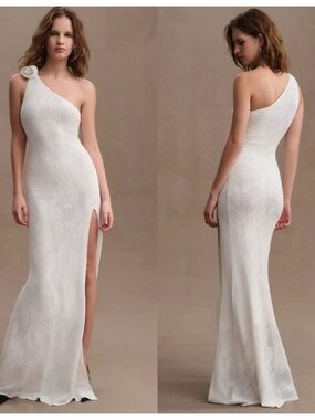 Ronny Kobo Collection One-Shoulder White Lace Gown with Rosette and Side Slit